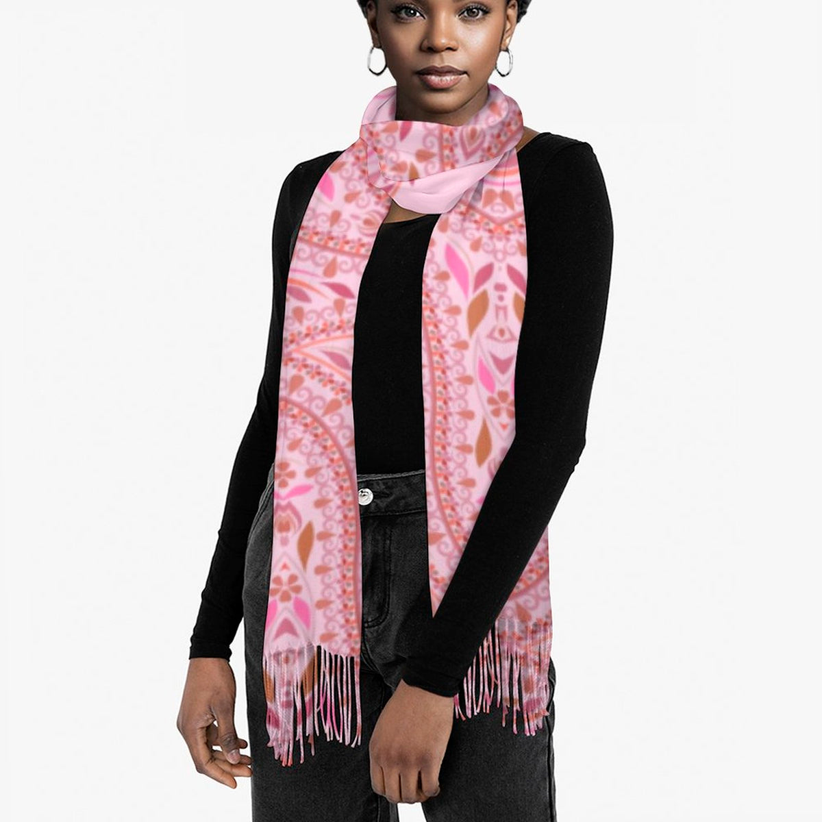Precious Pink Paisley Cashmere-like Tassel Scarf (All-Over Printing)