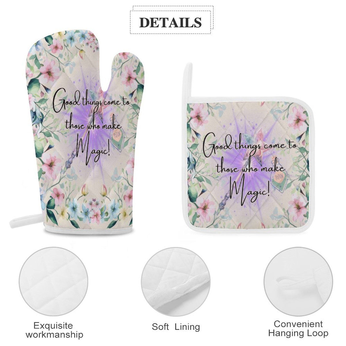 Good Things Magic Oven Mitt & Pad Set of 3, Witchcore Magic Floral Wiccan Kitchen Witch Pot Holder, Occult Pagan Witchy Decor, Kitchen Witch