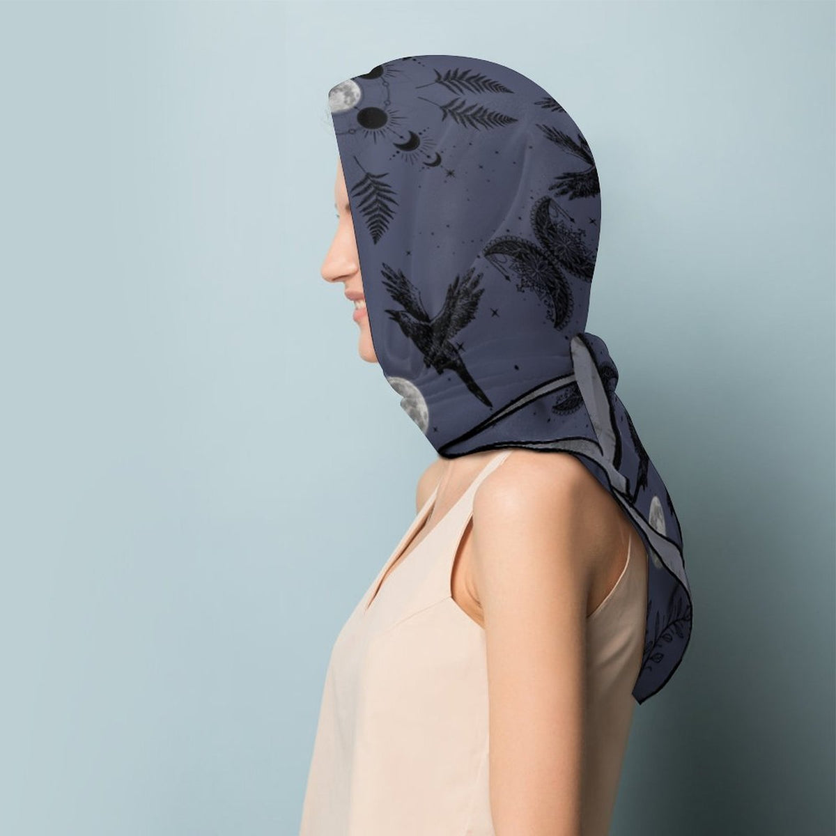 Celestial Crows Crown Blue Women's Scarf, Gothic Spooky Head Scarf