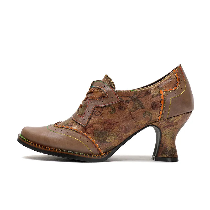 Johnature Genuine Leather Patchwork Retro Hand Painted High Heels