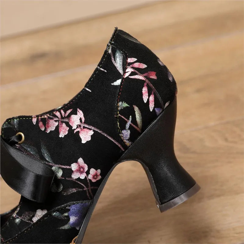 Johnature Women Shoes Pumps Retro 2025 New Spring Round Toe Handmade Ladies Lace Up Sweet Print High Heels Shoes