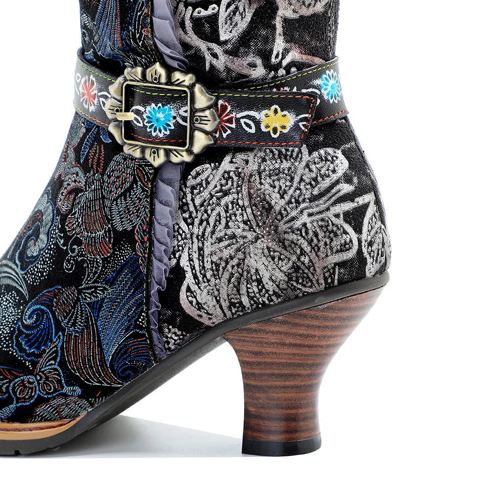 Johnature 2025 Winter New Hand Painted Genuine Leather Patchwork Vintage Court Style Lace Trimmed High Heeled Long Boots