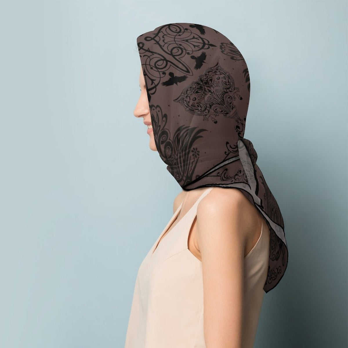 Gothic Crows in French Roast Women's Scarf, Crow printed handkerchief, Raven bandana headscarf Crow lover