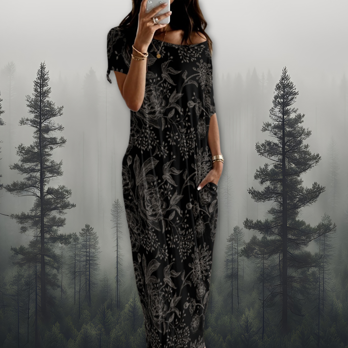 Brown Floral Long Dress With Pocket, Dark Academia Clothing