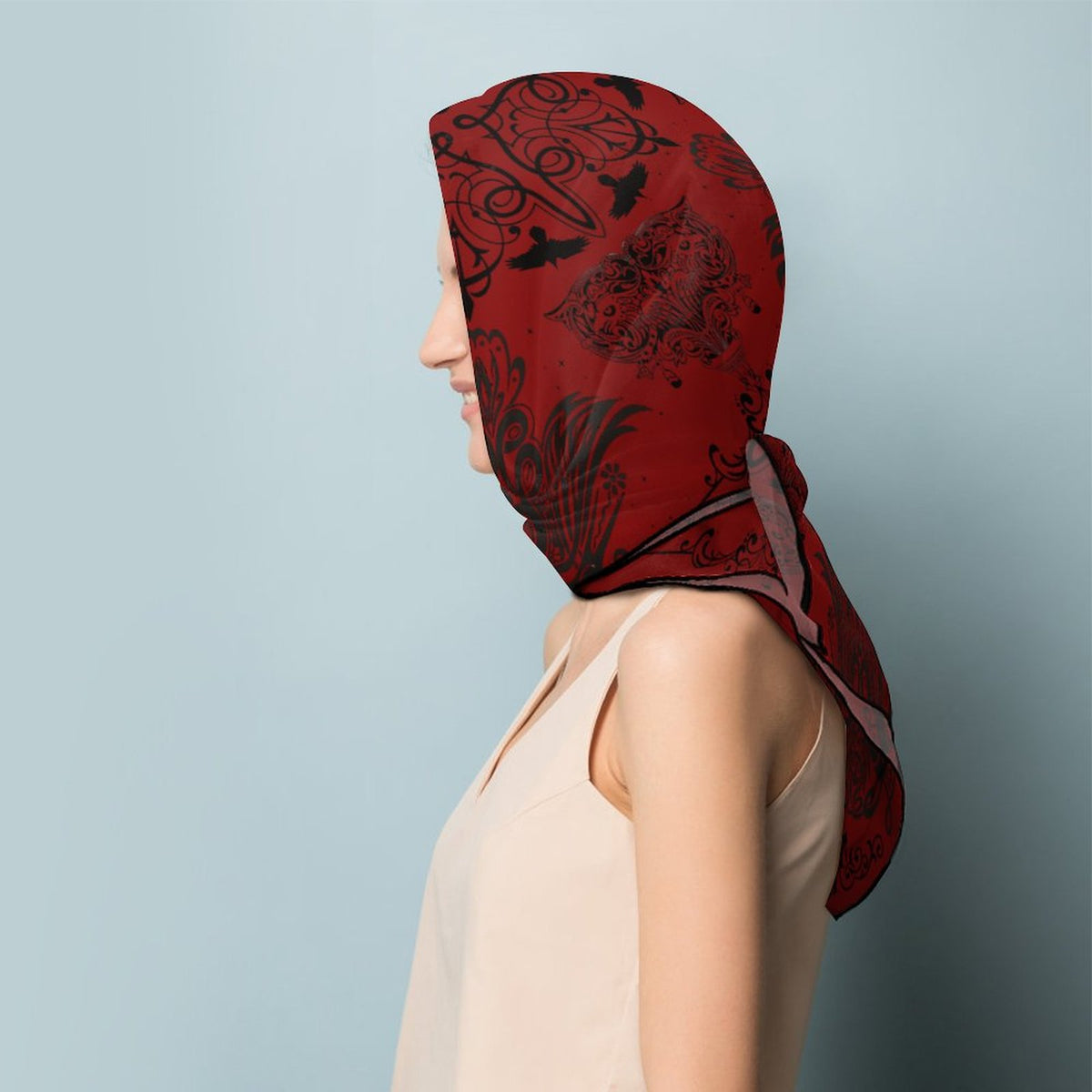 Gothic Crows in Oxblood Women's Scarf, Oxblood Goth soft crow sarf, Crow printed handkerchief, Raven bandana headscarf Crow lover