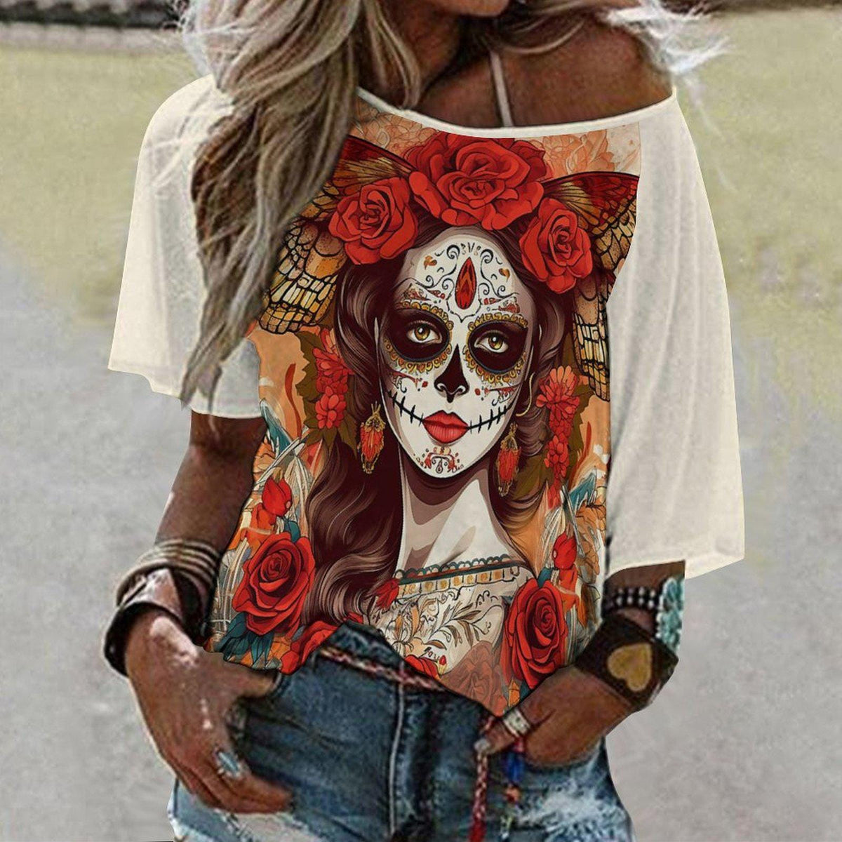 Witchy Goth Alt Clothing Hispanic Heritage Mexican Halloween Women Day of the Dead T-shirt Dia de los Muertos Shirt Sugar Skull Floral Skull