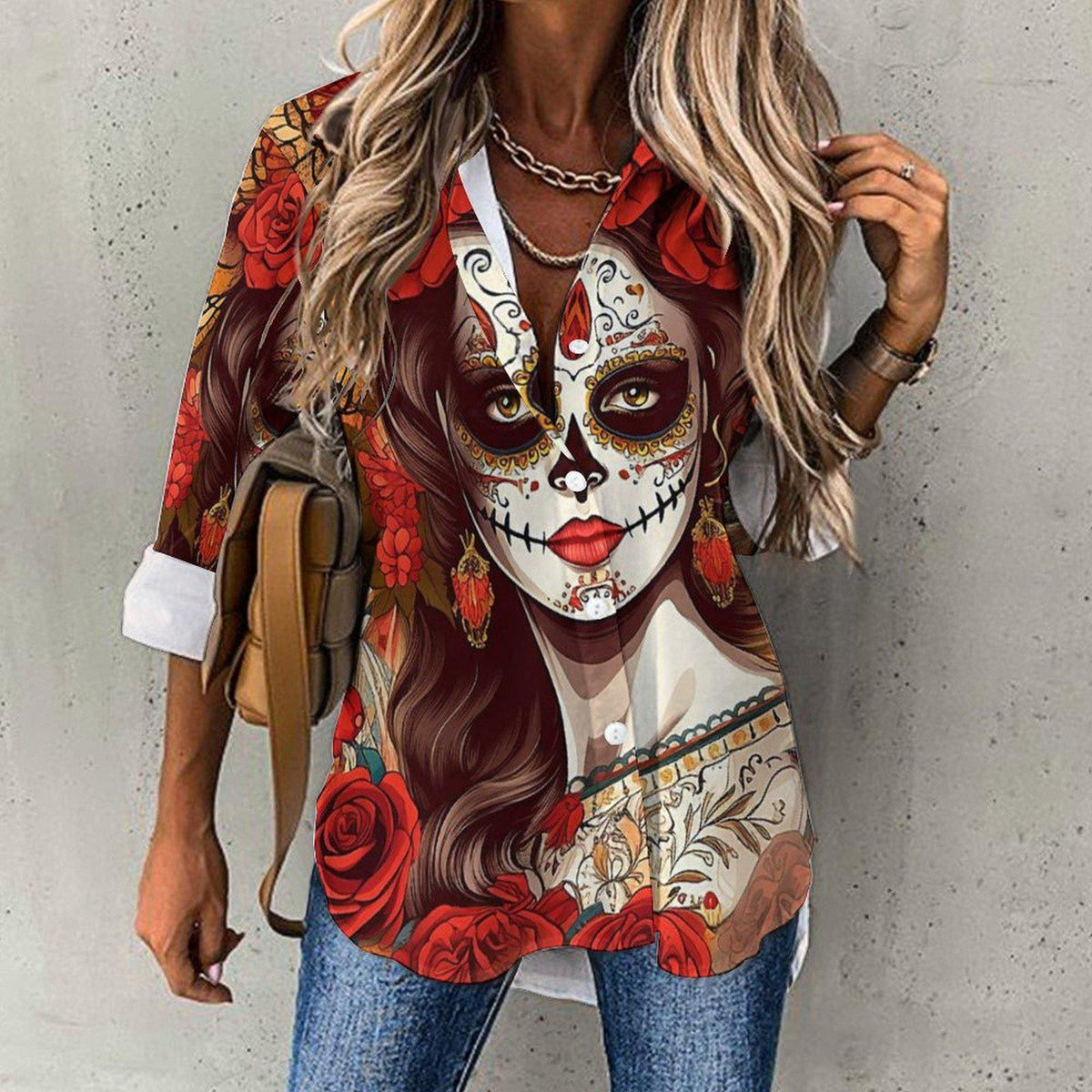 Witchy Day of the Dead Sugar Skull Blouse, Halloween Fashion