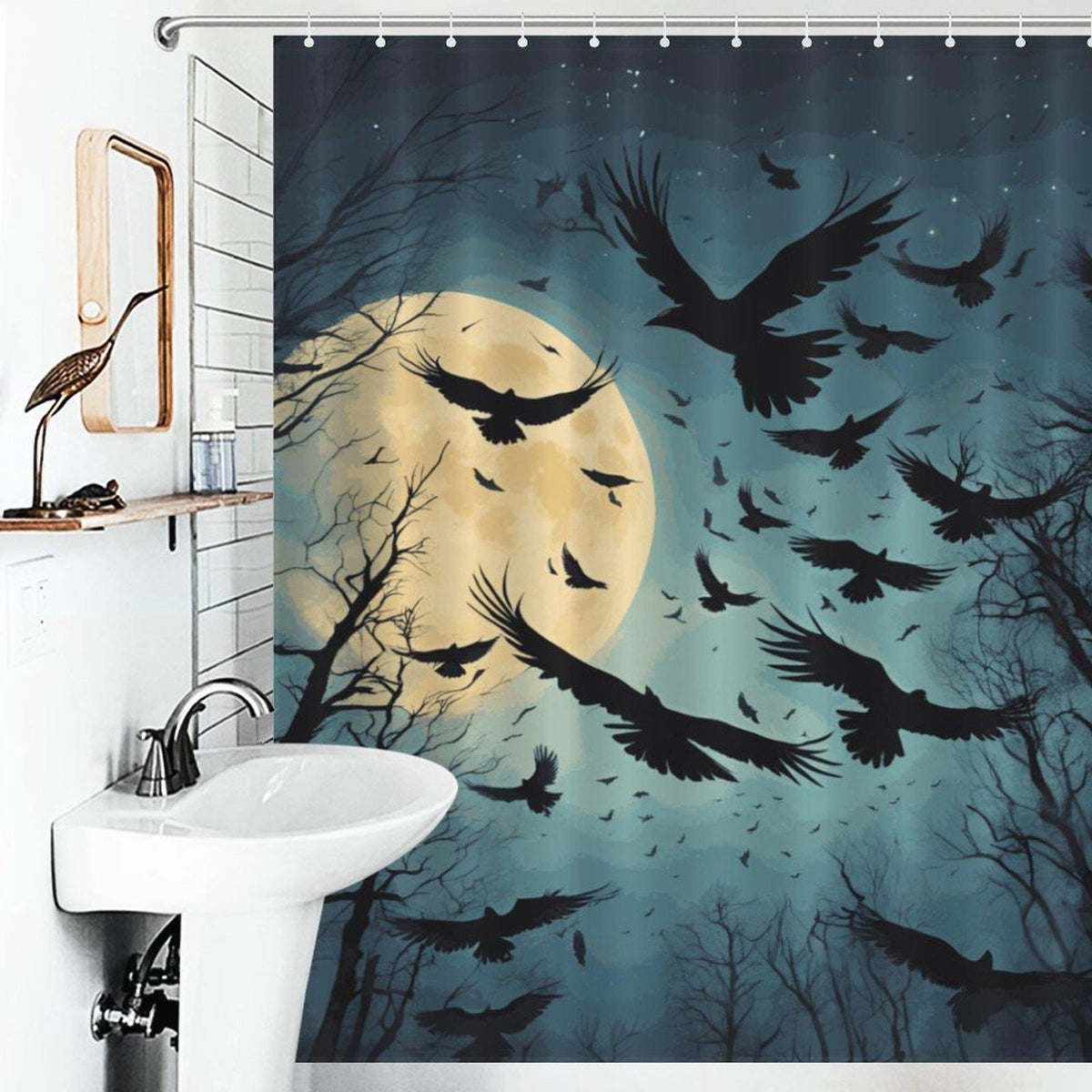 Full Moon Crows Shower Curtain-Dark Academia Bathroom Edgar Allan Poe Enthusiast Shower Curtain Murder of Crows Whimsi Goth Bathroom Decor