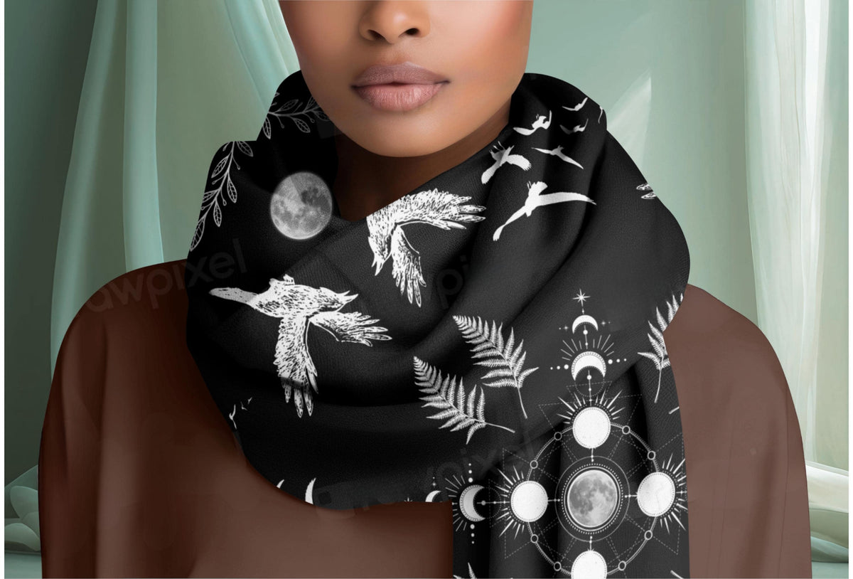 Crow Moonphase Tassel Scarf: Gothic Whimsigoth Clothing