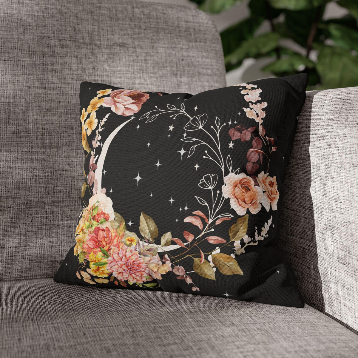 Crescent Moon in Florals Pillowcase | Moon Floral Crushed Velvet Blanket