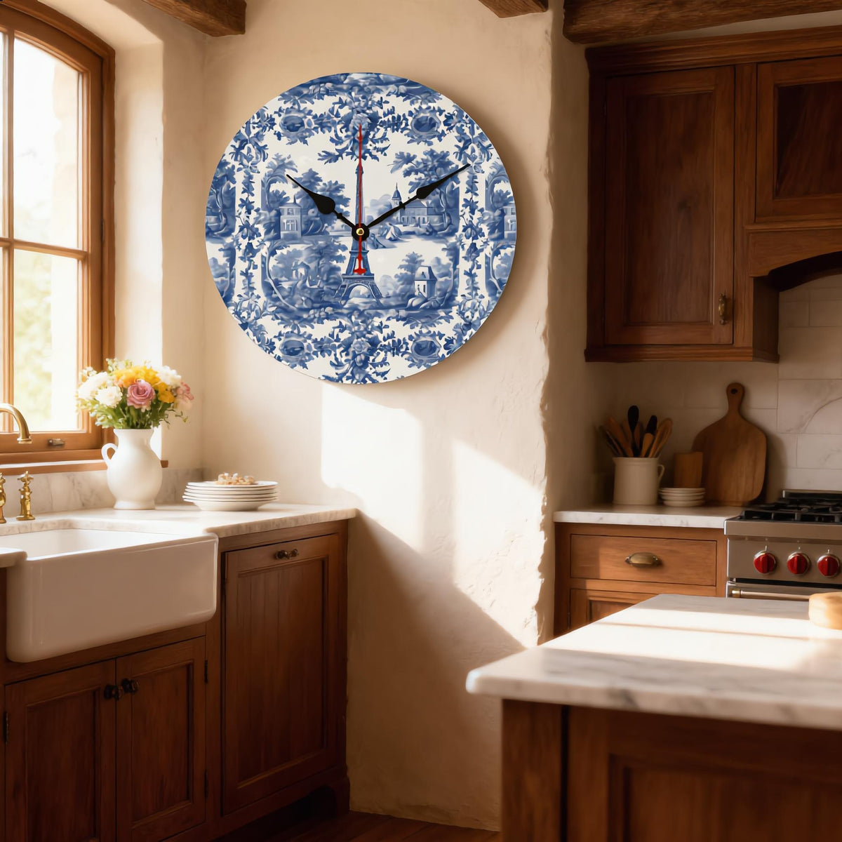 Rustic Parisian Vintage Farmhouse Decor Great Grandma Gift French Toile de Jouy Wooden Wall Clock Elegant Clock Classic Toile Design