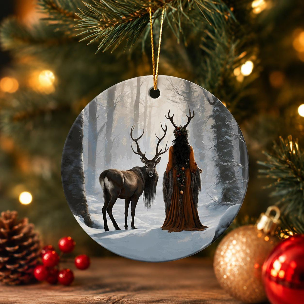 Elen of the Ways Yule Witch Ceramic Ornament Pagan Winter Solstice Green Witchery Wiccan Holiday Festive Decor Nature Inspired Christmas