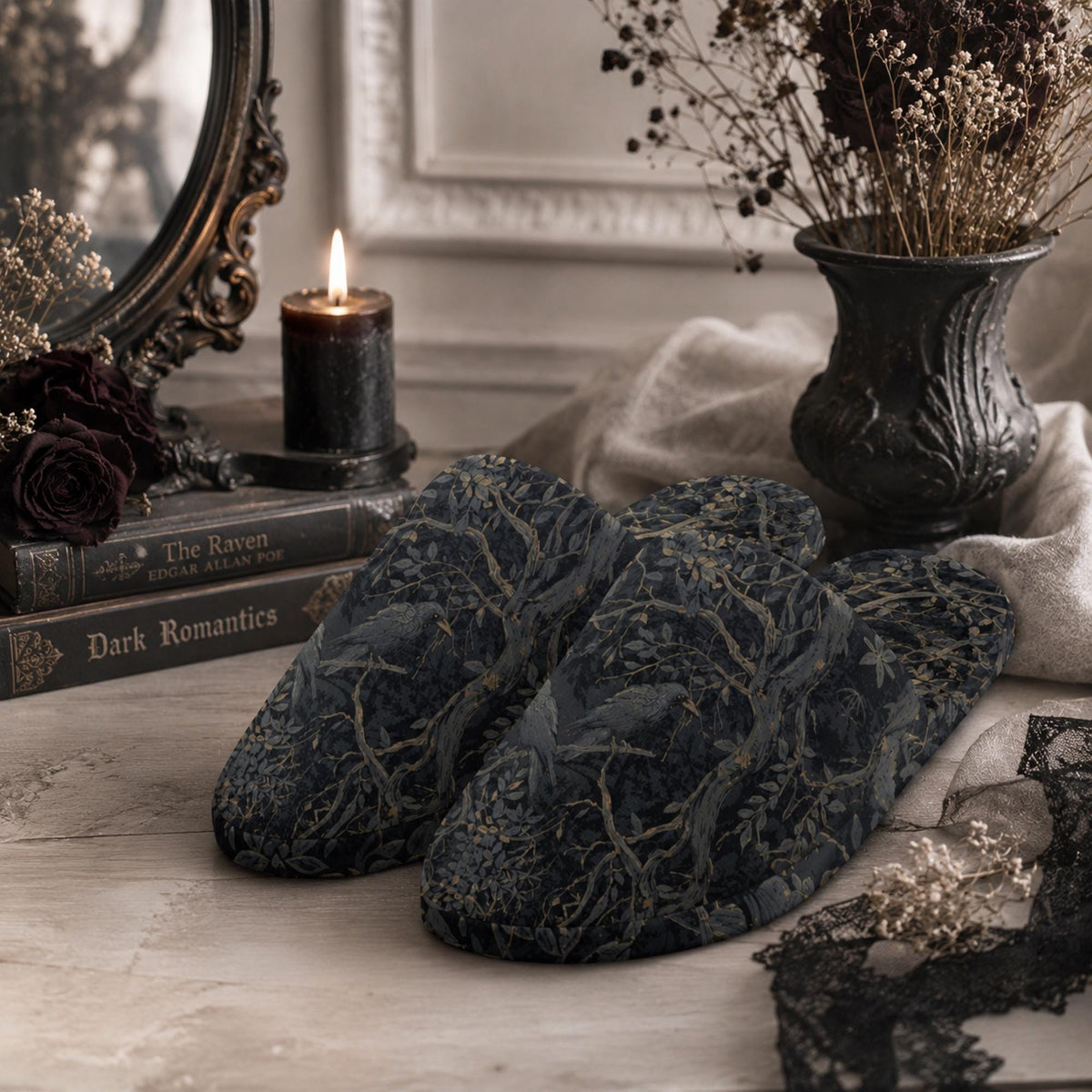 Couple Gift William Morris Crow Flannel Ladies & Mens Cotton Slippers Dark Academia Whimsy Goth Clothes Edgar Allen Poe Whimsigoth Clothing