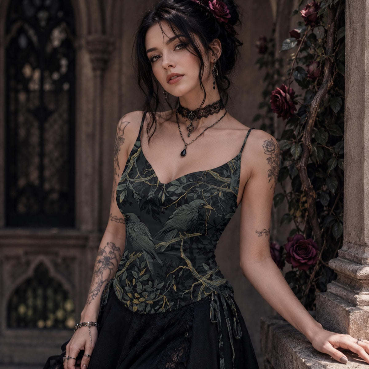 Alt Clothing Dark Academia Crow Drawstring Camisole William Morris Witchy Clothing Gothic Clothing Autumn Fall Skirt Corporate Goth Wardrobe