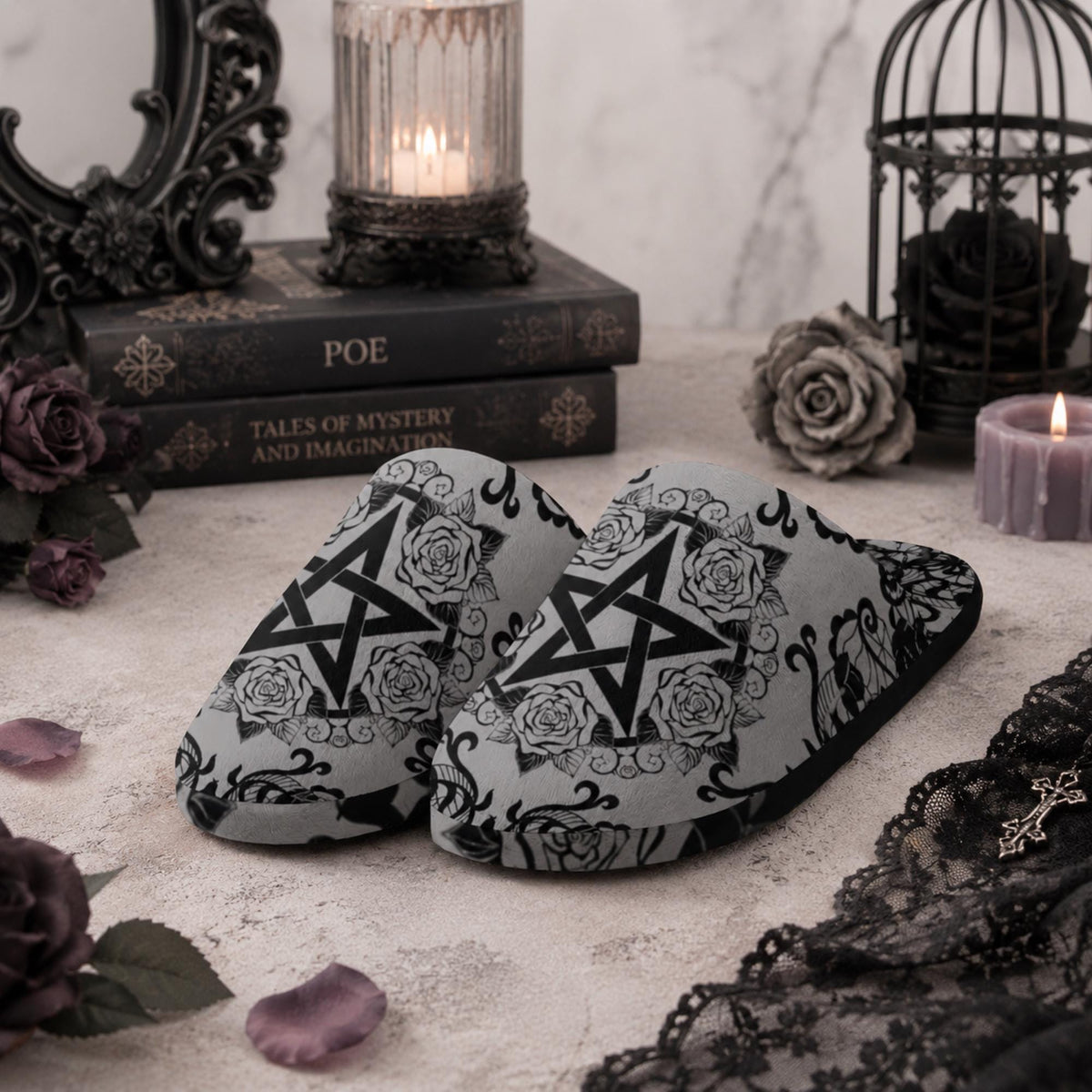 Pagan Pentagram Rose Lace Slippers Witchy Gothic Flannel Cotton Shoes Witchy Stuff Wicca Accessories Occult Clothing Witch Gifts for Sister