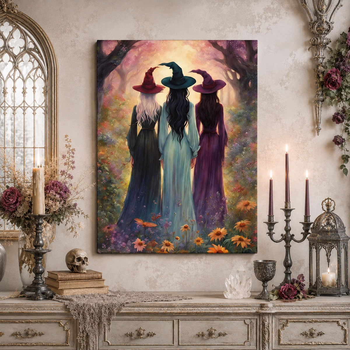 Three Witches Coven Canvas, Salem Practical Magic Art Print Halloween Whimsigoth Wall Decor, Perfect Witchy Gift for your Sisterhood Friends