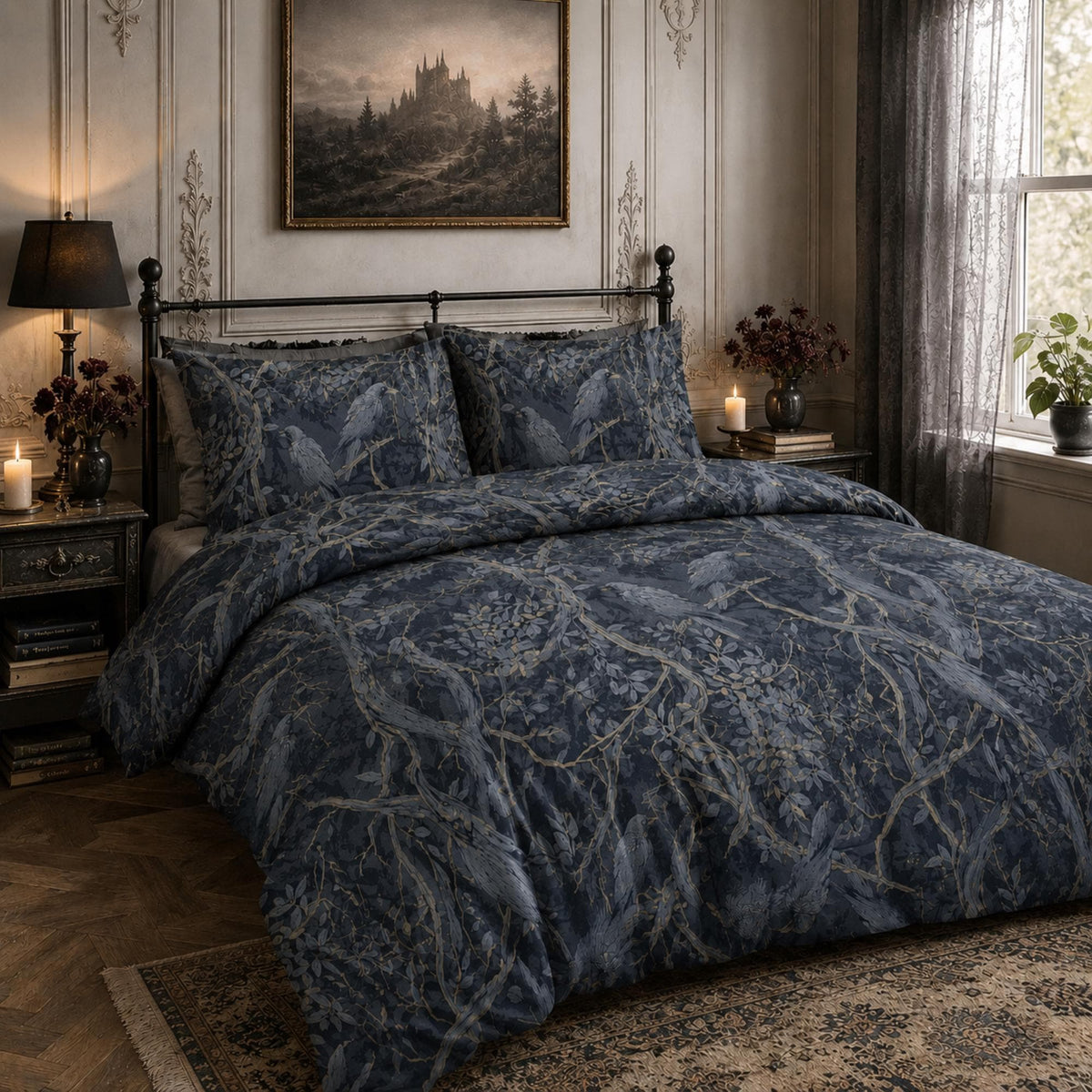 William Morris Inspired Gothic Crow Duvet and Comforter Set Dark Cottagecore Edgar Allan Poe Dark Academia Whimsigoth Victorian Bedding