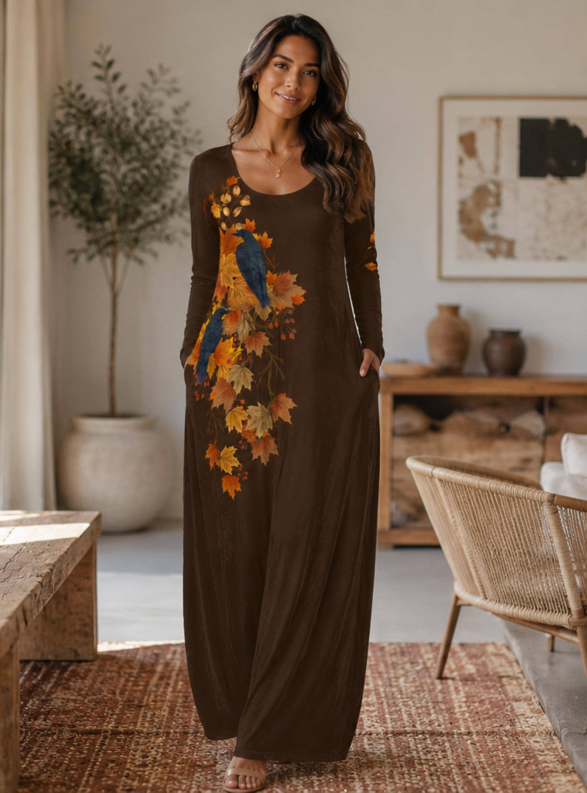 Holiday Hosting Velvet Maxi Dress Gift for Mom New 2026 Trendy Brown Fall Fashion Long Sleeve Maxi Matching Autumn Host Gift Crow Lock Bag