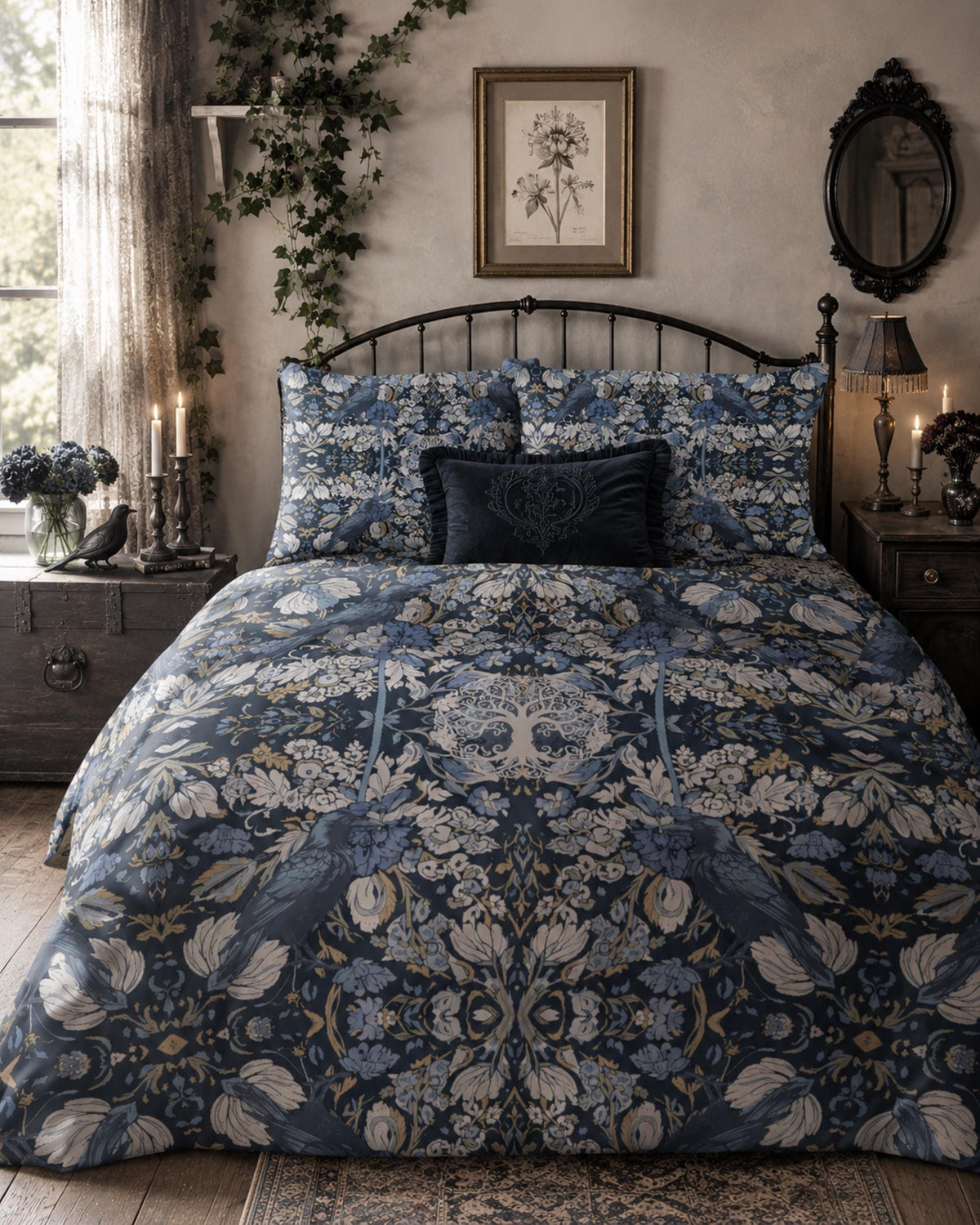 Dark Romance Moody Esoteric Alchemy Witchy Aesthetic Throw Goth Crow Bedding Tree of Life William Morris Inspired Gothic Raven Bedroom Decor