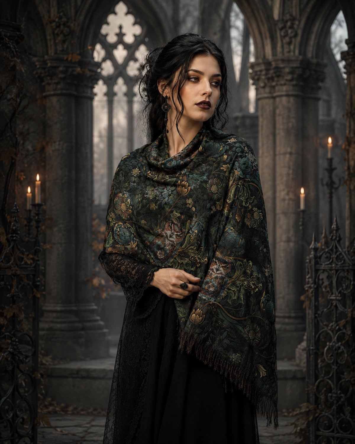 William Morris Inspired Witchy Owl Lightweight Scarf Gift for Witch Unique Neckwear Dark Academia Gothic Shawl Crow Lover Gift Raven Wrap