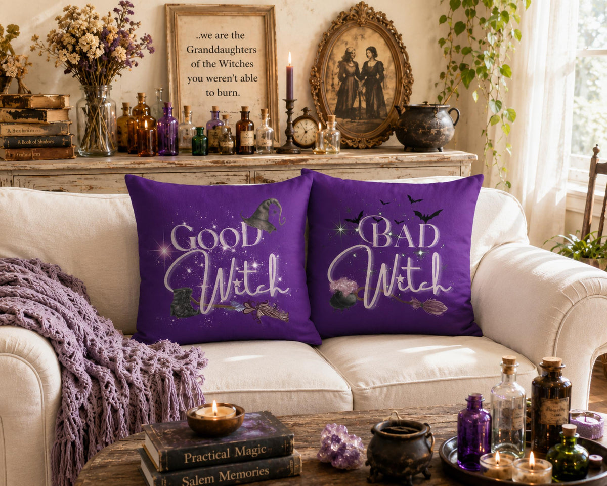 Halloween Fall Host Gift Idea Whimsigoth Good Witch Bad Witch Funny Throw Pillow Cover Dark Academia Enthusiast Decor Velvet Pillowcase Set