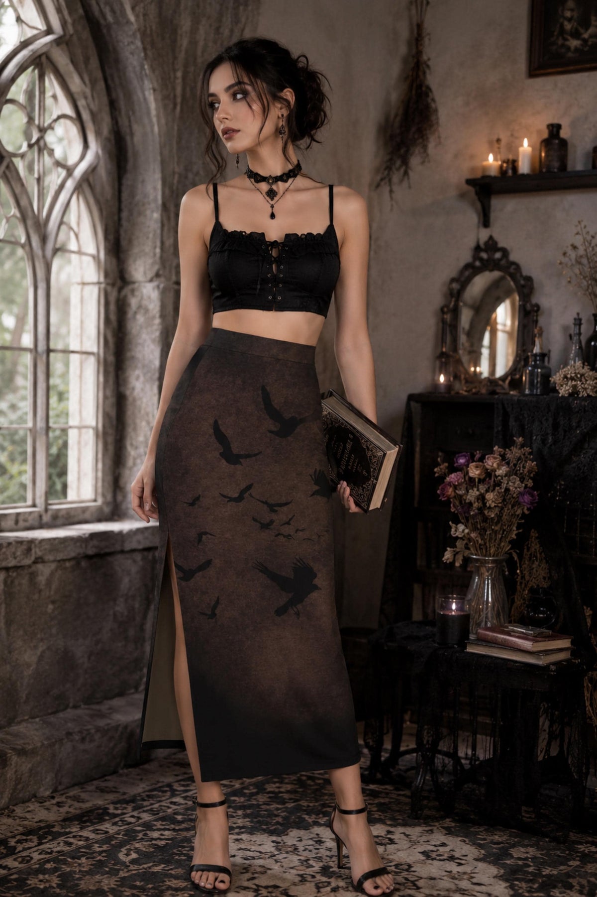 Raven Whimsigoth Clothes Edgar Allan Poe Gift for Women Atl Clothing Murder of Crows Palazzo Pants Gothic Wide Leg Trousers for Pilates