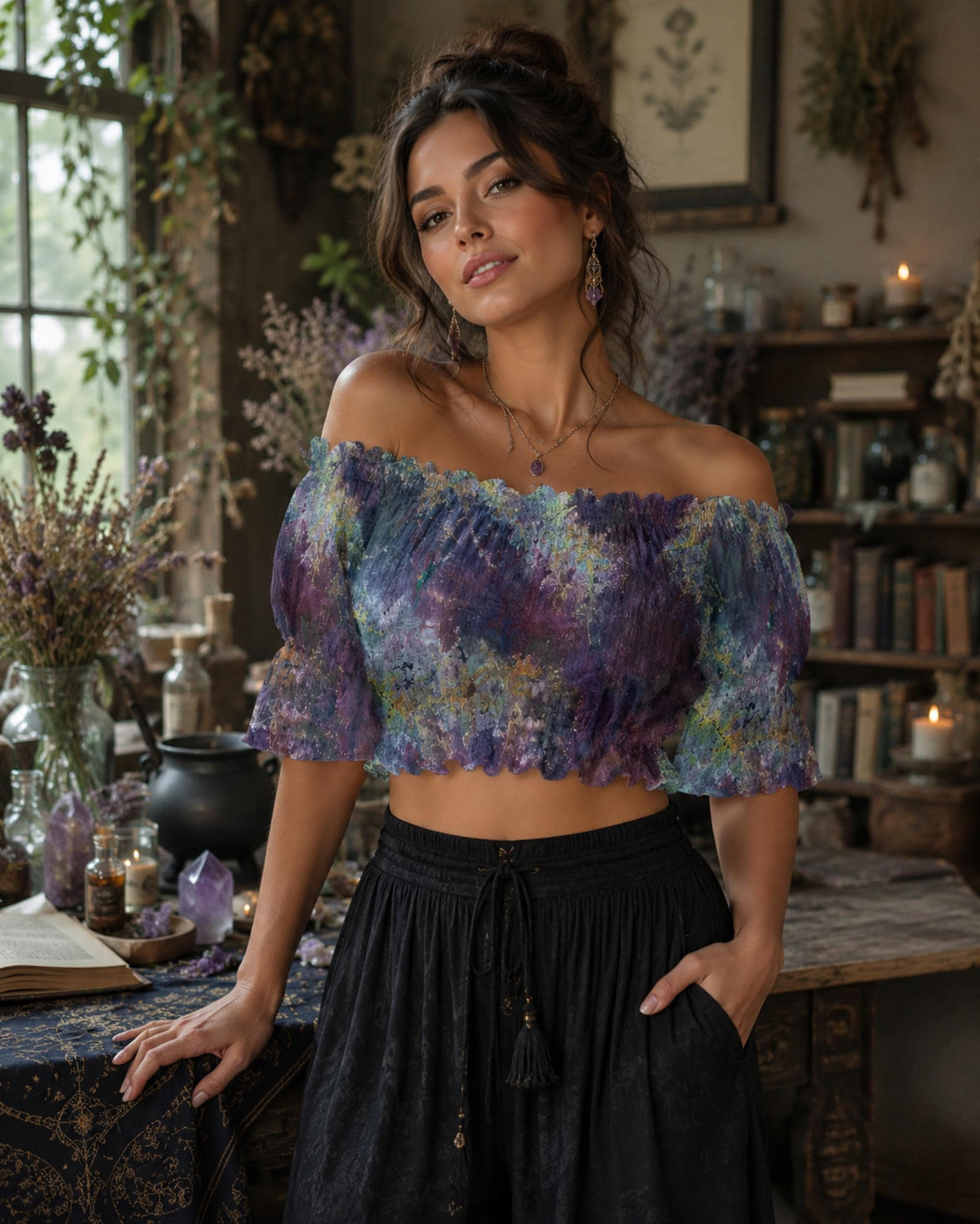 Witchy Rave Gear Wide Leg Pants for Festival Hippy Clothes for Burning Man Vaporwave Scenecore Rave Outfit Tie Dye Top Palazzo Pants Outfit