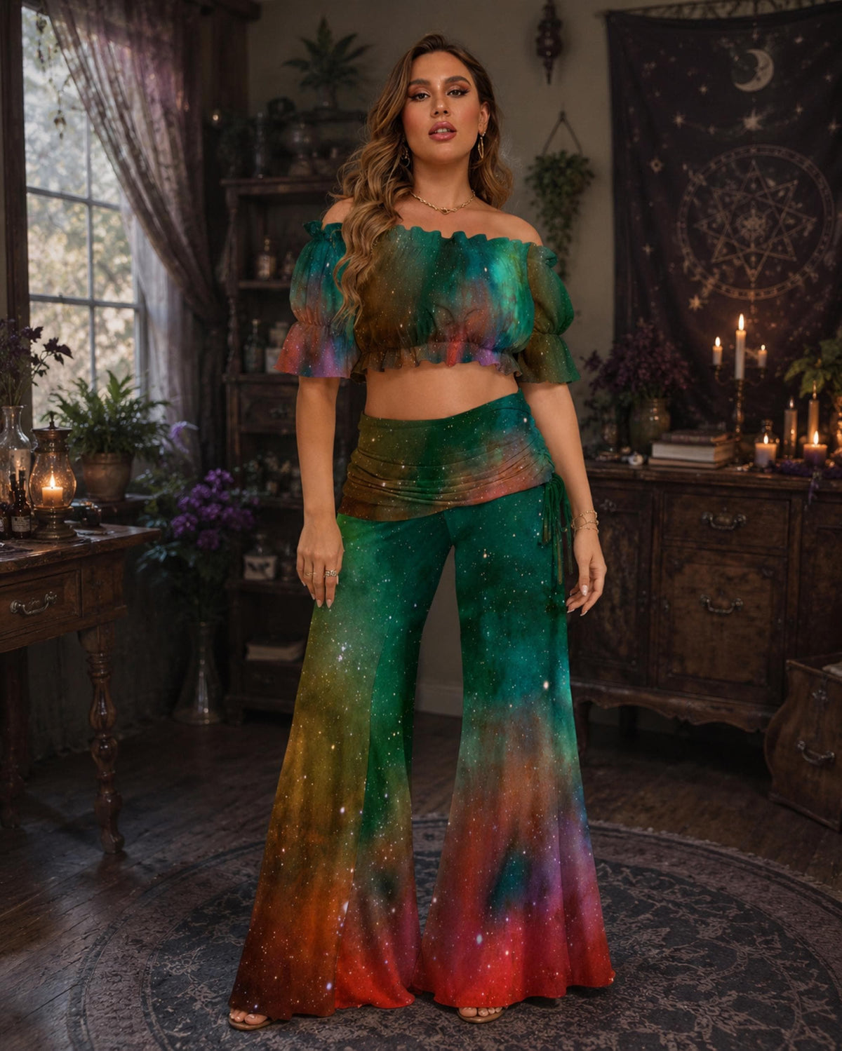 Festival Puff Sleeve Boho Chic Clothing Set 60s Bell Bottoms Set Tie Dye Top Bell Sleeve Blouse Wide Leg Pants 70s Bohemian Witchy Things