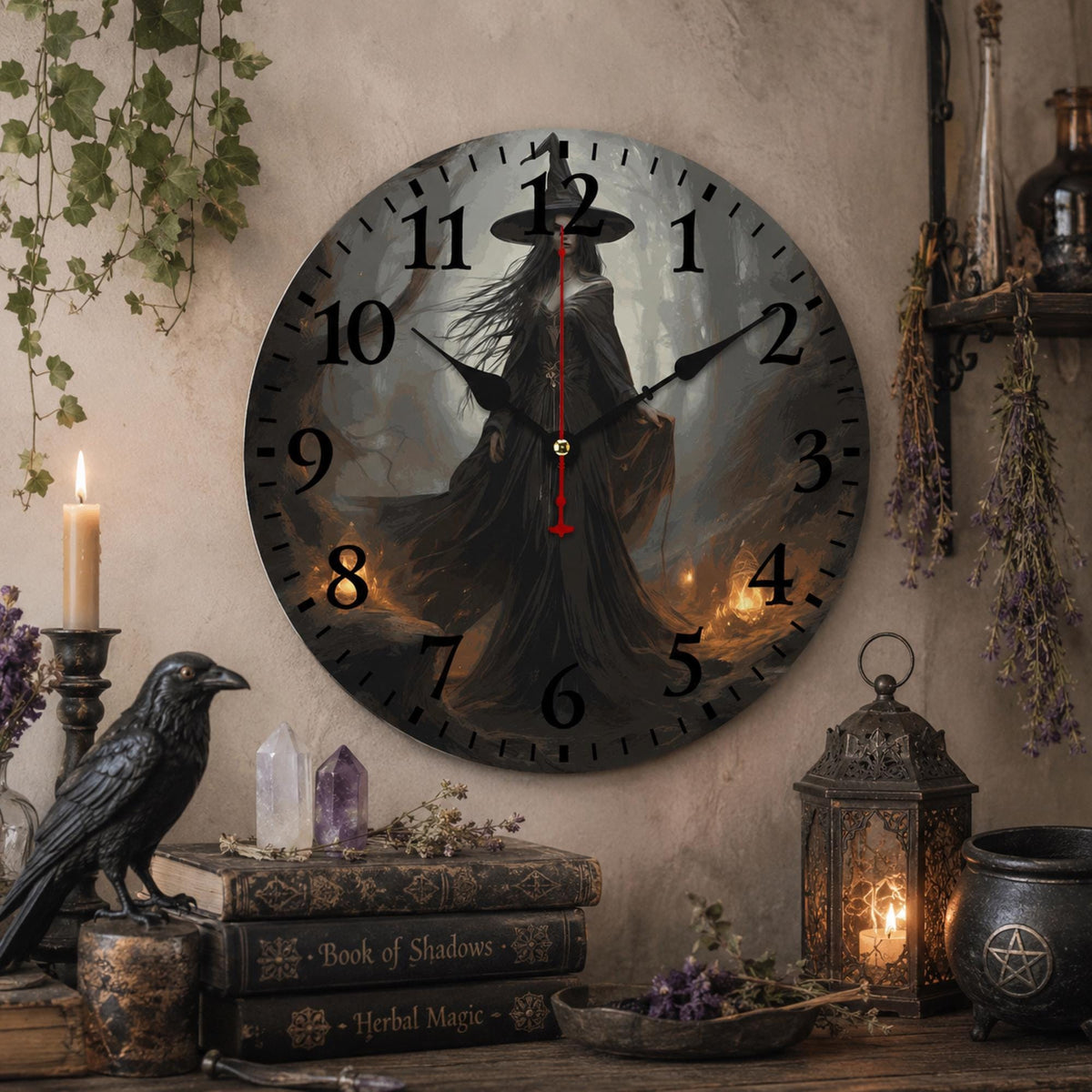 Haunted House Decor for Halloween Witching Hour Wooden Wall Clock Spooky Decorations for Witch Home Gothic Decor for Holidays Fall Host Gift