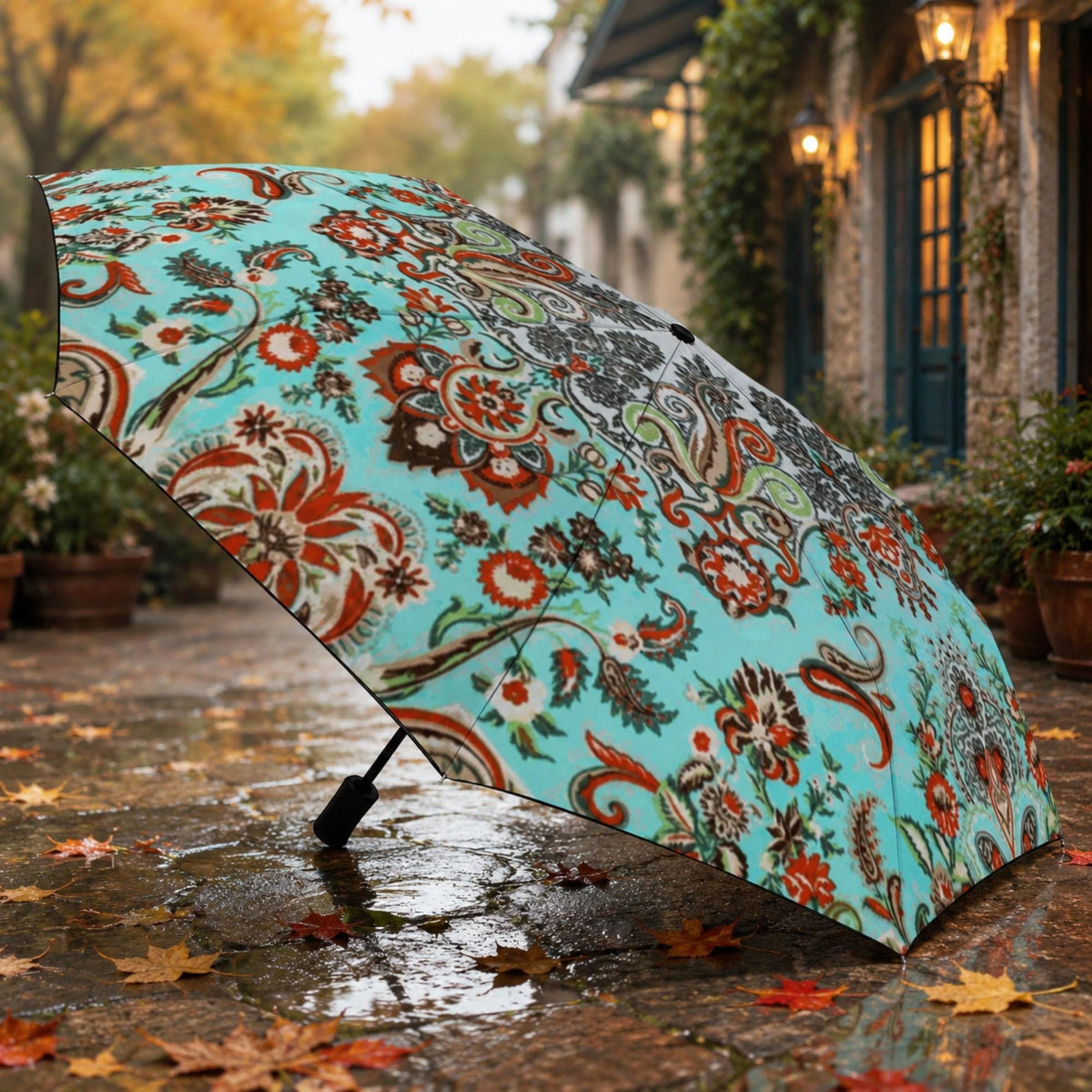 Vibrant Umbrella Turquoise Paisley Giftforher Auto Open Travel Companion Rainy Day Essential Travel Accessory Compact Outdoor Rain Gear