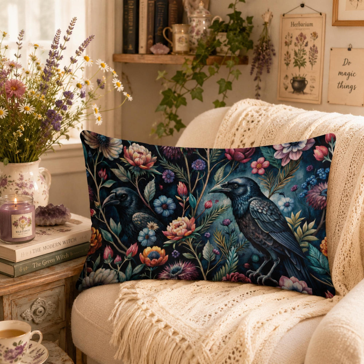Moody Esoteric Gift Idea for Halloween Witchcraft Velvet Bedroom Pillow Cottagecore Edgar Allen Poe Inspired Dark Academia for Crow Lover