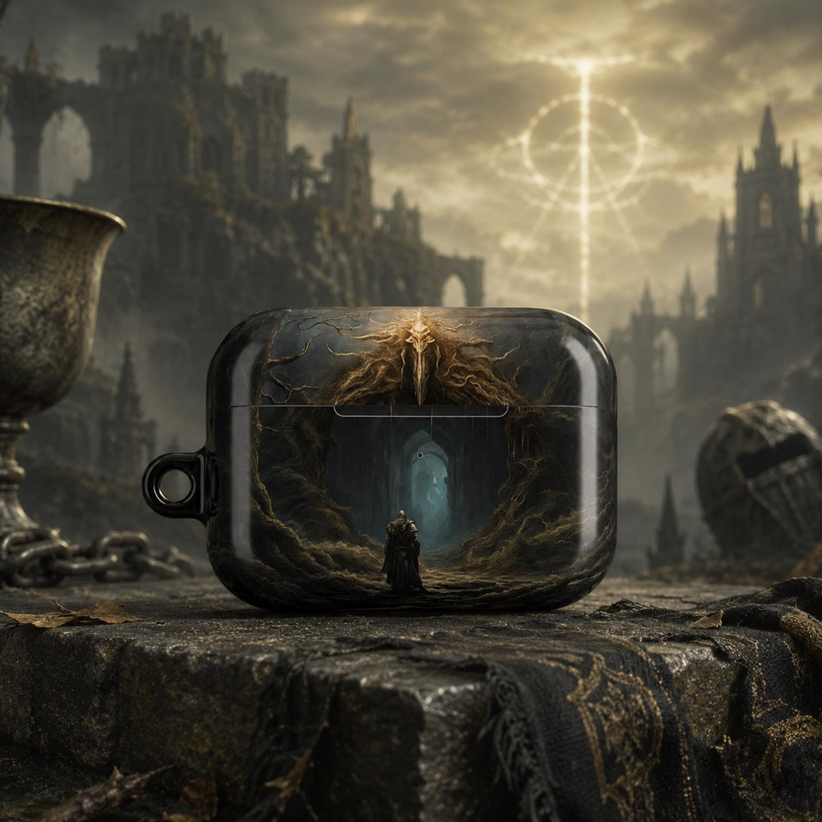 Elden Ring AirPod Case Fantasy Art Earbud Holder for Gamer Fantasy Art Magical Scene Earbud Holder Gift for Gamer Dragonborn Geeky Accessory
