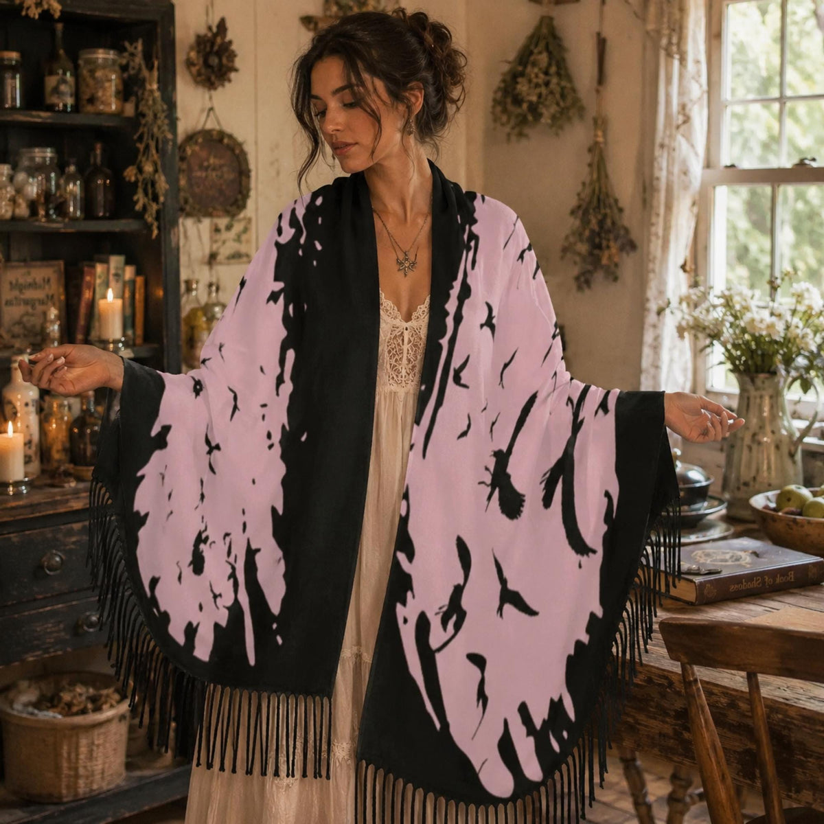 Witch Christmas Gift for Daughter Raven Shawl Pagan Holiday Wrap for Mom Witchy Alt Clothing for Halloween Flock of Birds Goth Accessory