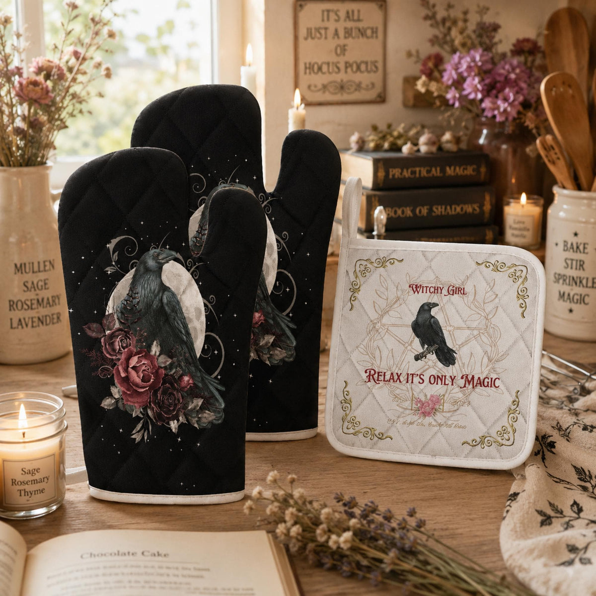 Kitchen Witch Holiday Gift for Mom Witchcore Oven Mitts & Pot Holder Black Crow Wiccan Kitchen Decor Witchy Dark Chef Accessory Kitchen Set