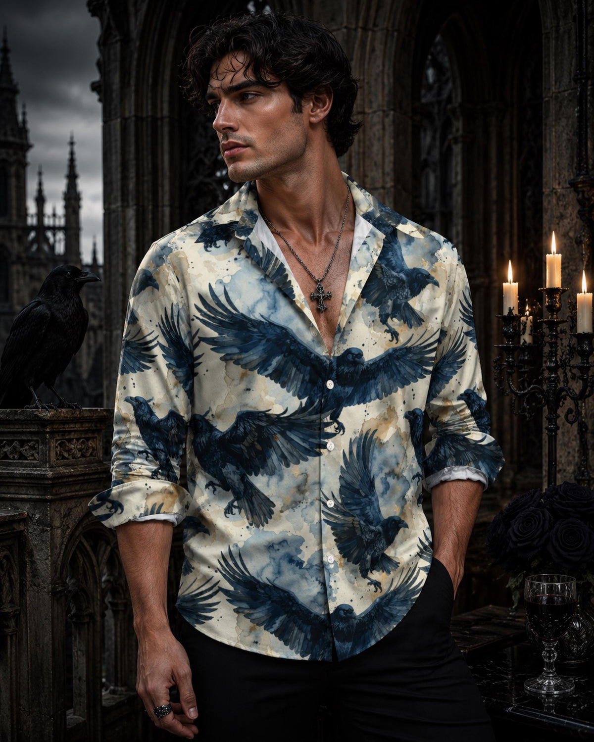 Goth Clothes for Men Gift for Halloween Edgar Allan Poe Plus Size Dark Romance Raven Oxford Christmas Holiday Dad Golf Shirt for Boyfriend