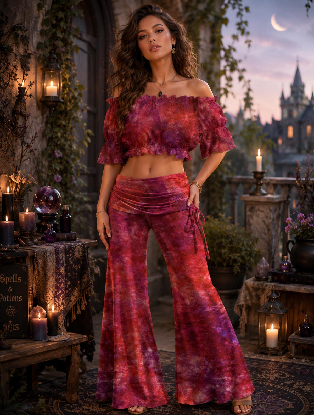 Boho Tie Dye Wide Leg Palazzo Pants Festival Outfit Witchy Clothes Vaporwave Rave Outfit High-Waisted Hippy Fashion 70s Bohemian Crop Top