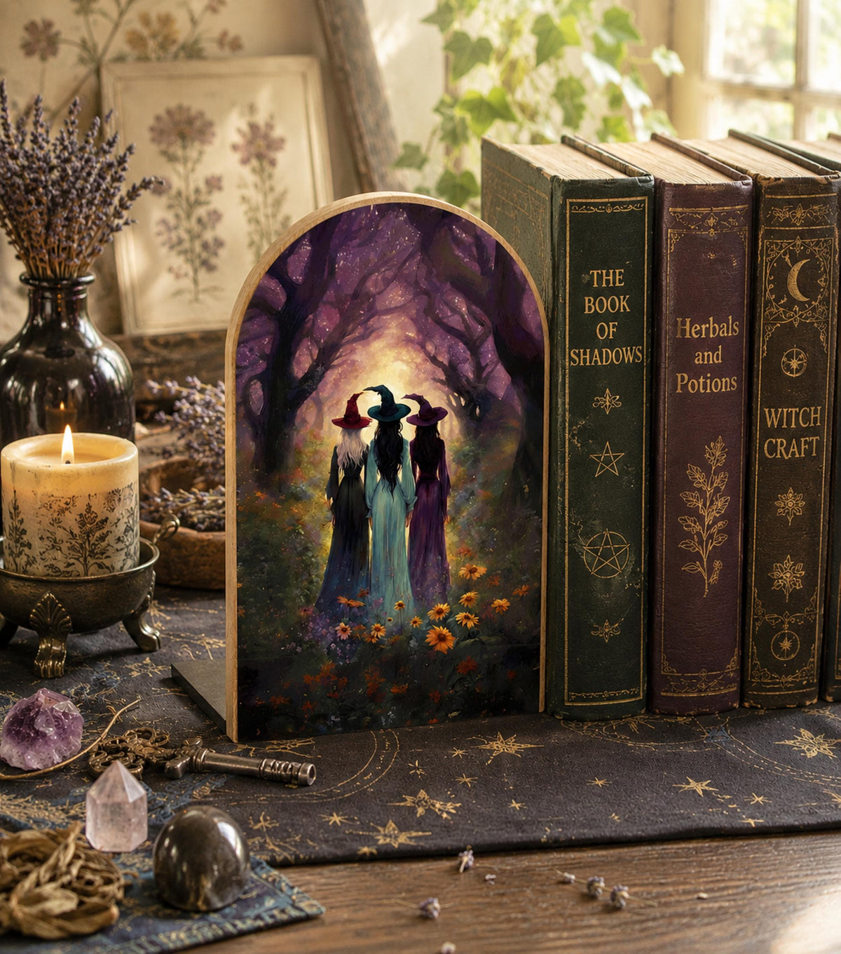 Sisterhood Witches Coven Wood Bookends Wiccan Pagan Decor Gift Idea for Bestie Summer Solstice Mystical Coven Witchy Stuff for Halloween