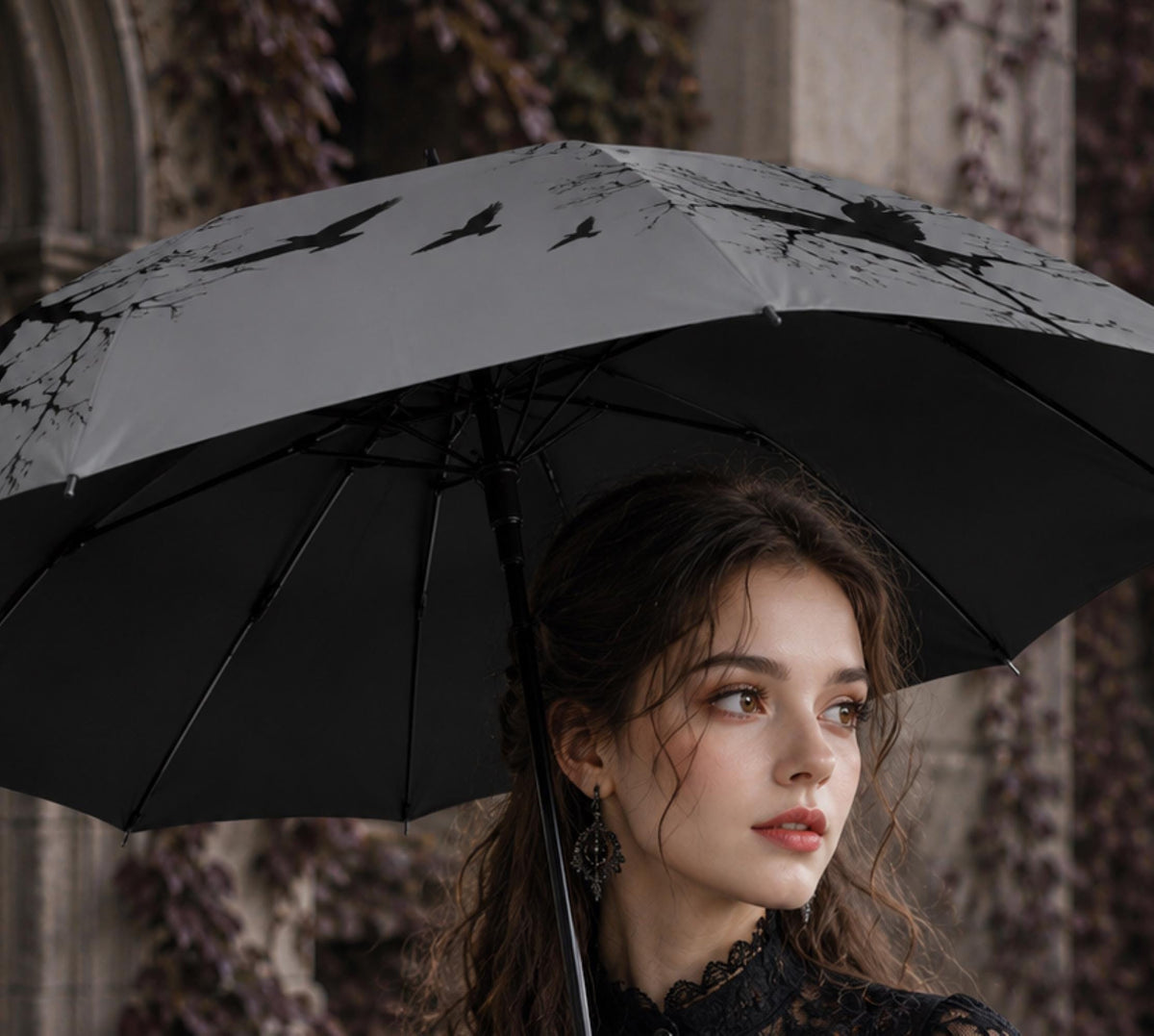Goth Umbrella for Corporate Goth Lovers Mystic Crow Auto Umbrella Gift Idea for Halloween Gothic Witchcore Raven Parasol Umbrella Academy