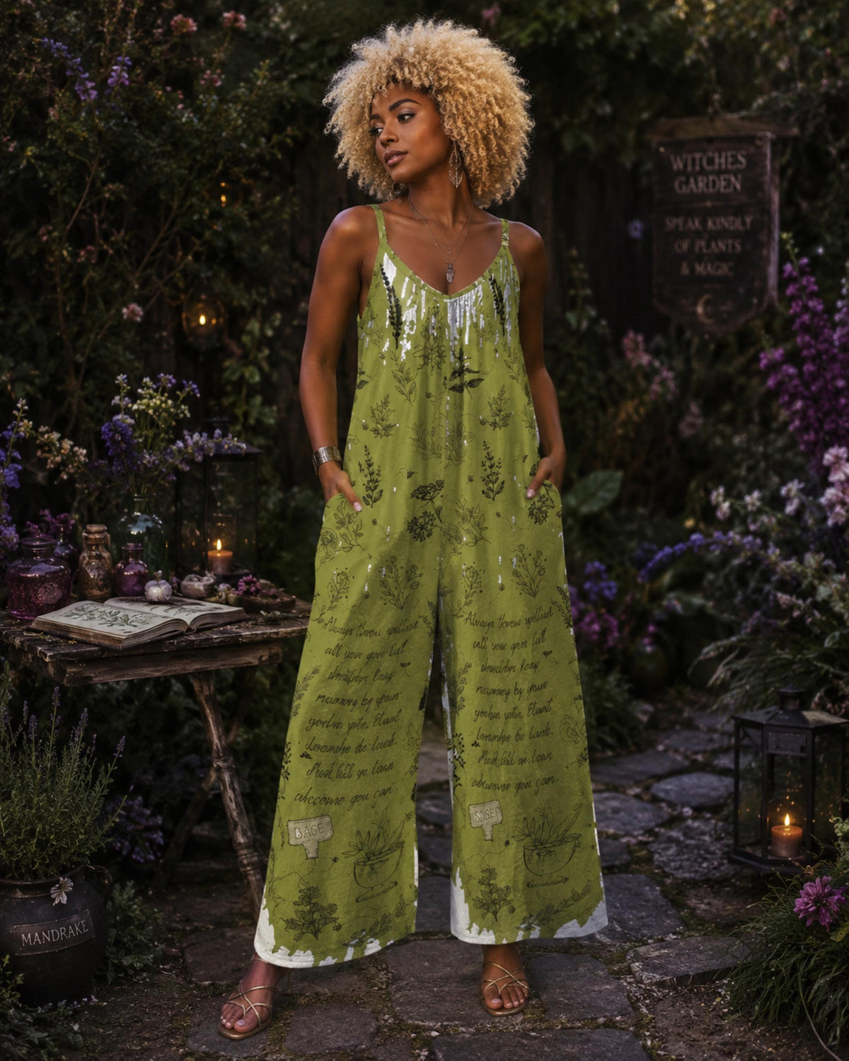 Witchy Herbs Jumpsuit Gift Idea for Mom Wiccan Giftforher Wide Leg Clothing Rosemary Practical Magic Spell Light Academia Woman Overalls