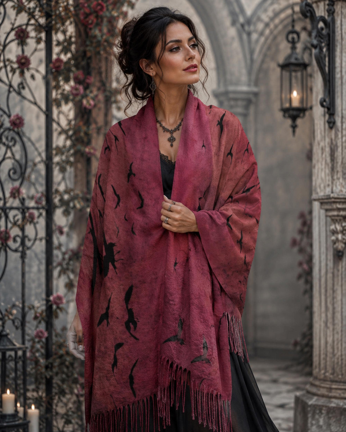 Raven Oxblood Scarf Christmas Gift for Witchy Mom Moody Gothic Shawl Cape Sorcière Crow Scarf for Halloween Festival Witchy Wrap for Bestie