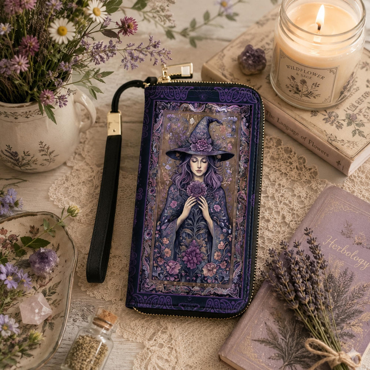 Witch Wristlet Wallet Gift Idea for Bestie Holiday Cottagecore Professional Gift for Alternative Woman Travel Wristlet Pagan Card Holder
