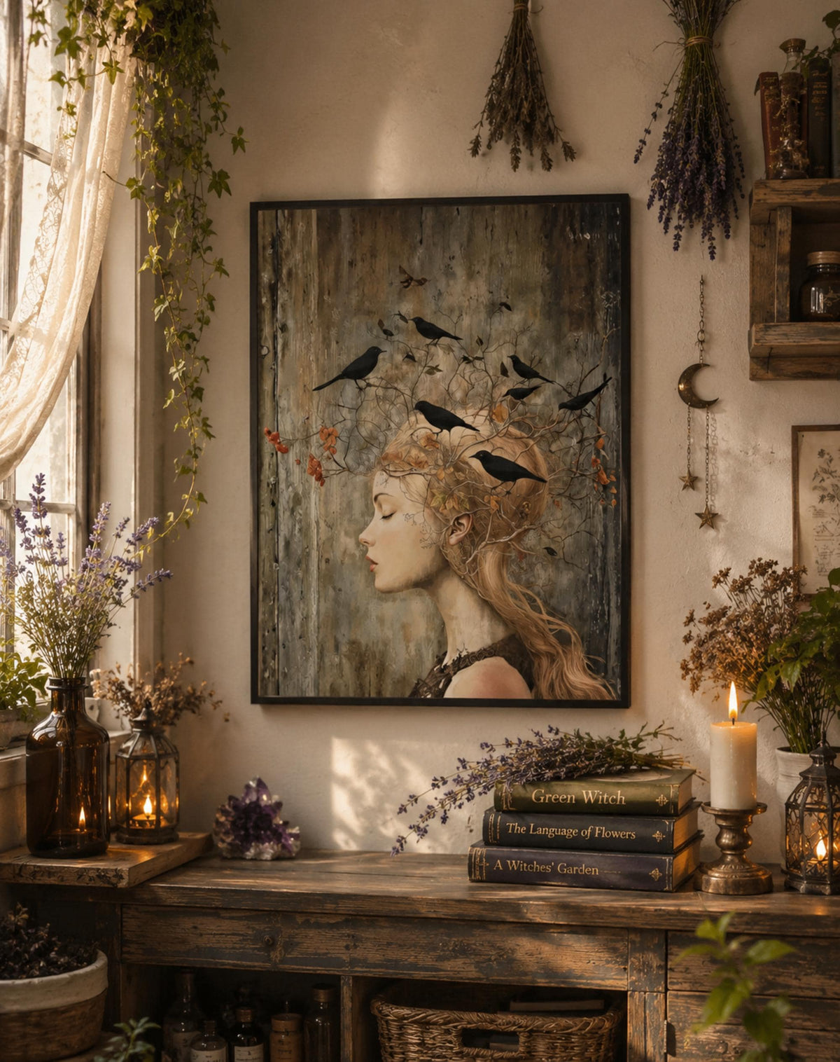 Witchy Wall Art Idea for Entryway Crow Woman Canvas Whimsical Raven Art Giftforher Gothic Wall Decor for Bedroom Pagan Mystical Feminine Art
