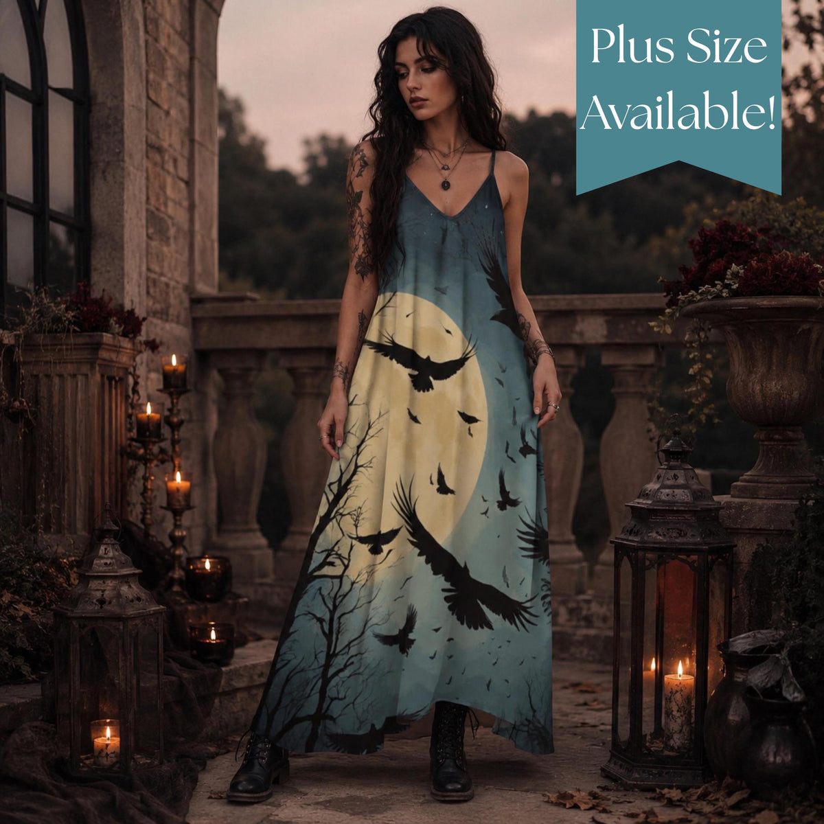 Witch Aesthetic Girl Halloween Spooky Babe Witch Dress Full Moon Crow Spaghetti Strap Dress Practical Magic Gothic Raven Whimsigoth Clothing