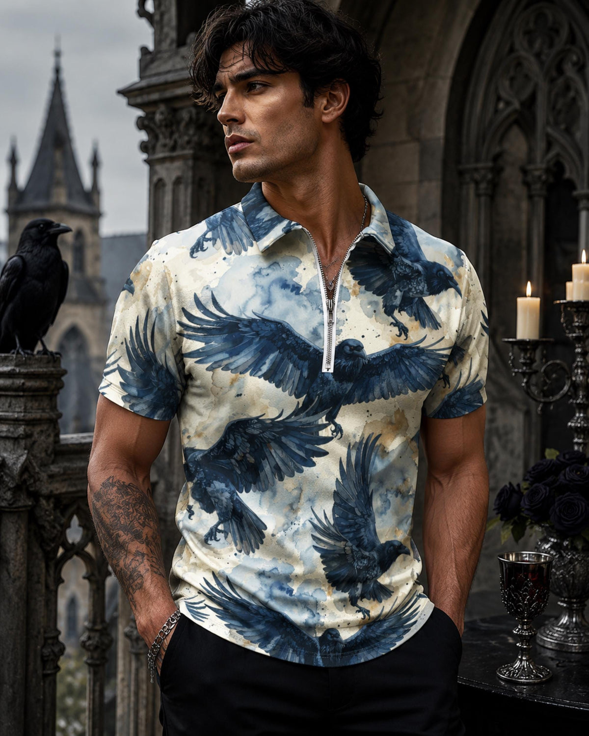 Hallow Plus Size Crow Oxford Goth Christmas Edgar Allan Poe Inspired Literary Men's Clothing for Dad Gift Dark Romance Shirt for Boyfriend