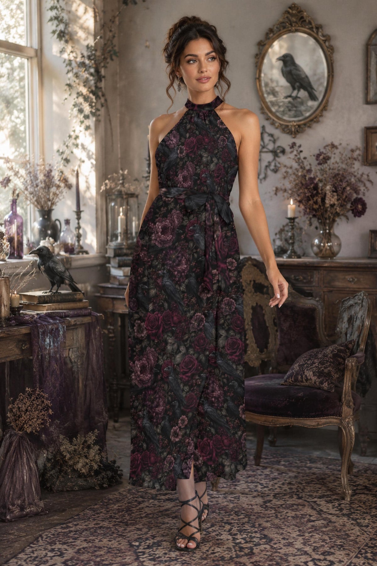 Crow Lover Dark Romance Dress for the Holidays Cottagecore Dress for Teen Summerween Womensclothing Witchy Clothing Maxi Wedding Guest Dress