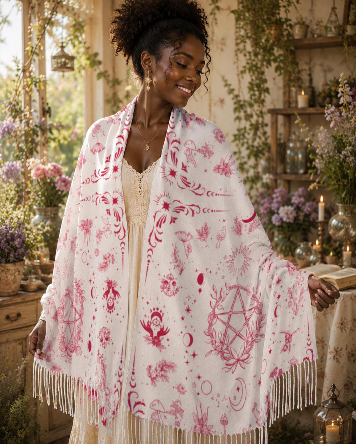 Practical Magic Witch Herb Pentagram Tassel Wrap Whimsical Occult Clothing Altar Scarf Kitchen Garden Nature Witch Gift Idea for the Holiday