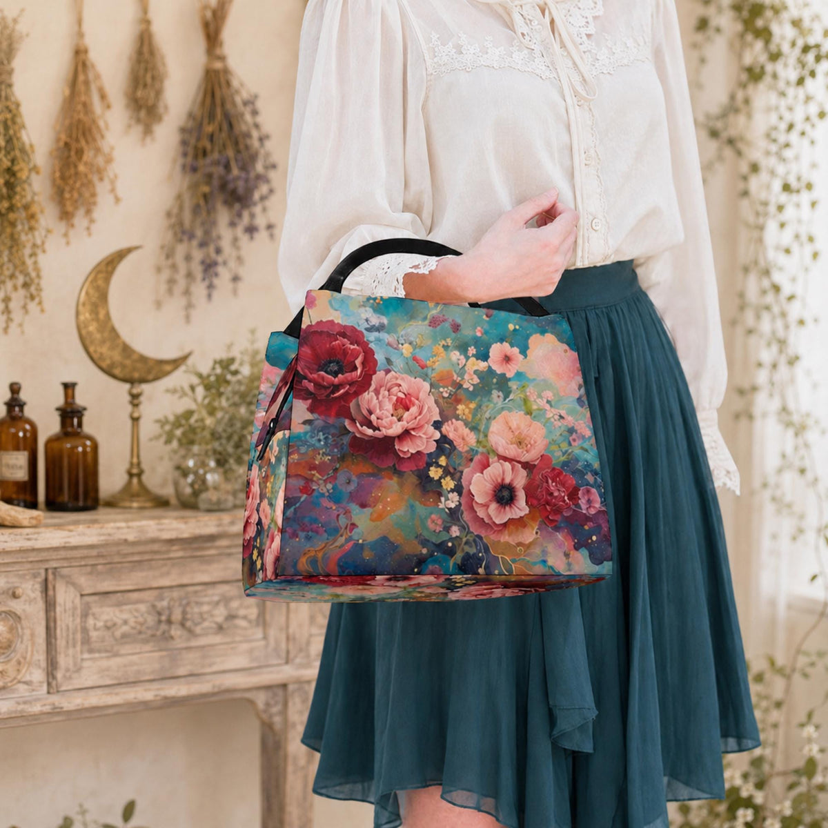 Great Grandma Gift Reusable Floral Cooler Tote 18th birthday gift and Nurse Practitioner Lunch Bag Victorian Roses Insulated Lunch Bag