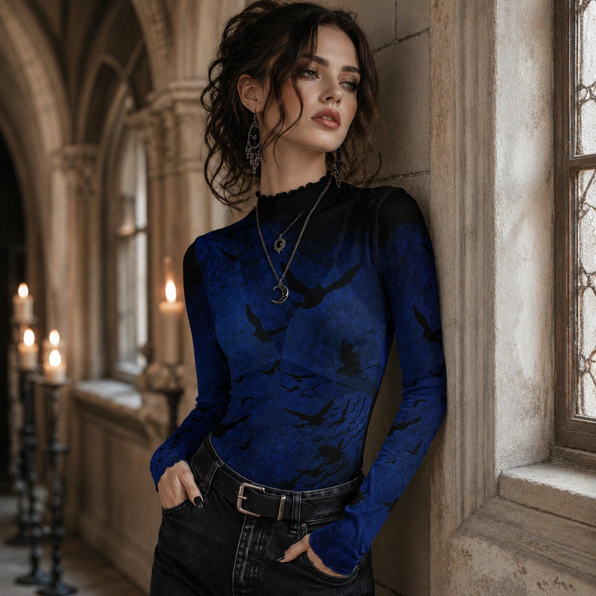 Corporate Goth Halter Dress Pagan Gift Ideas Witchy Goth Alt Clothing Blue Murder of Crows Mesh Shirt Tank Palazzo Pants Edgar Allan Poe