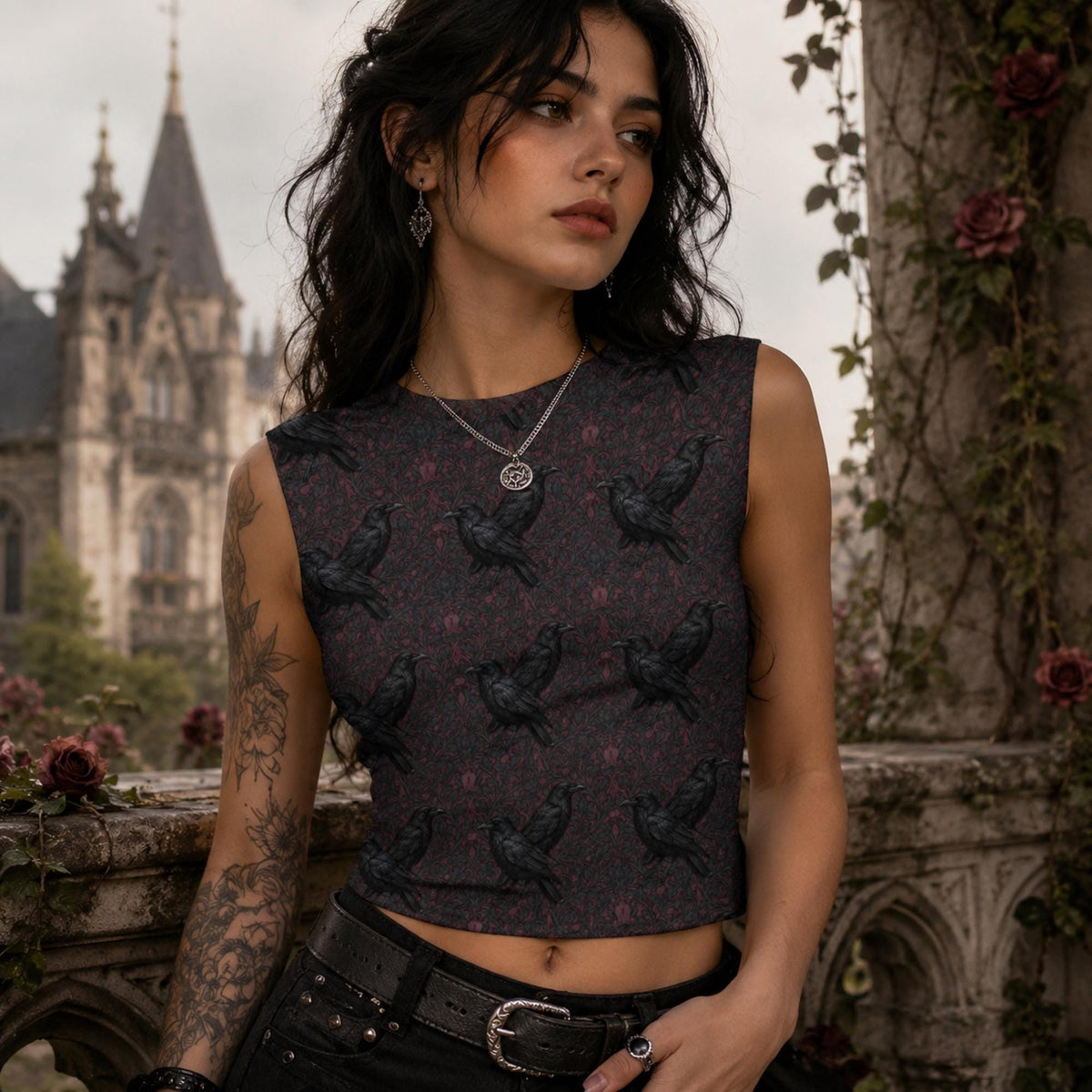 Gothic Backless Top Flare Sleeve Raven Mesh Tee and Tank Alt Clothing Pagan Gifts Corporate Goth Clothes Whimsigoth Clothing Edgar Allan Poe