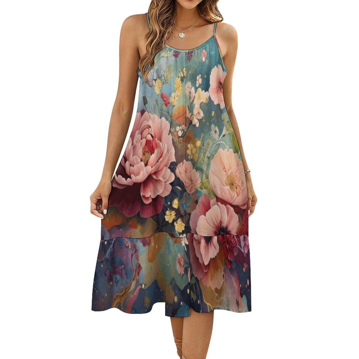 Victorian Roses Spaghetti Strap Dress, Maxi Dress - Lightweight Summer Fashion
